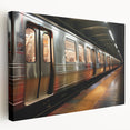 Subway train in motion on a stretched canvas, depicted in vibrant urban colors, ideal for kitchen wall art.