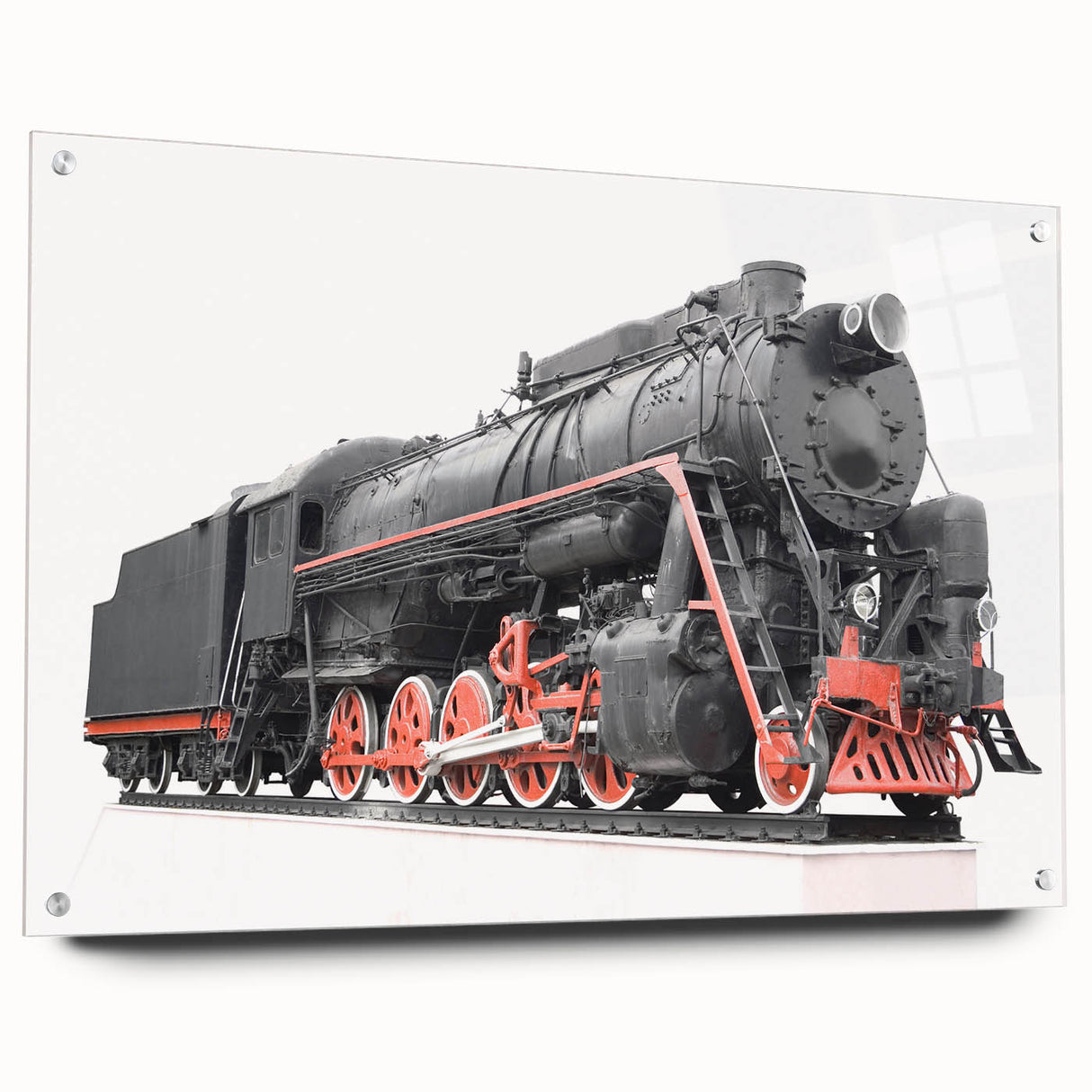 Acrylic print of a large abstract train in muted grays and blues, ideal for modern bedroom or dining room decor.