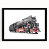 Abstract art print featuring a colorful, textured train design on a large black-framed canvas, ideal for living room decor.