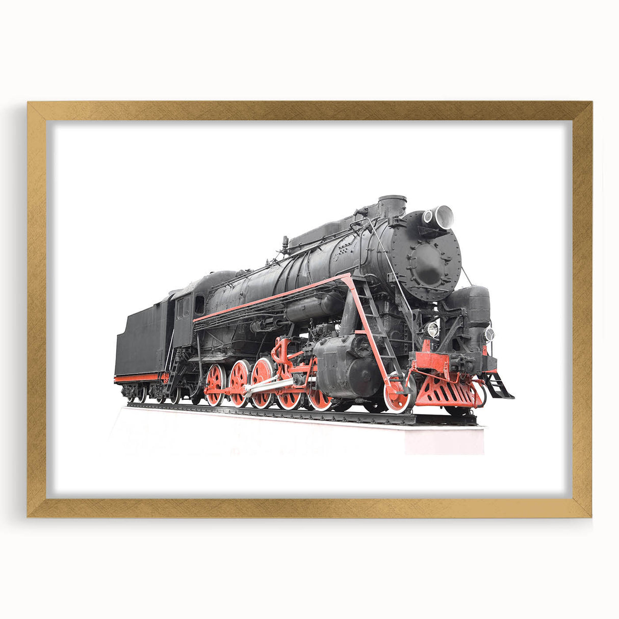 Extra large abstract art print of a train in textured gold and black tones on a framed canvas.