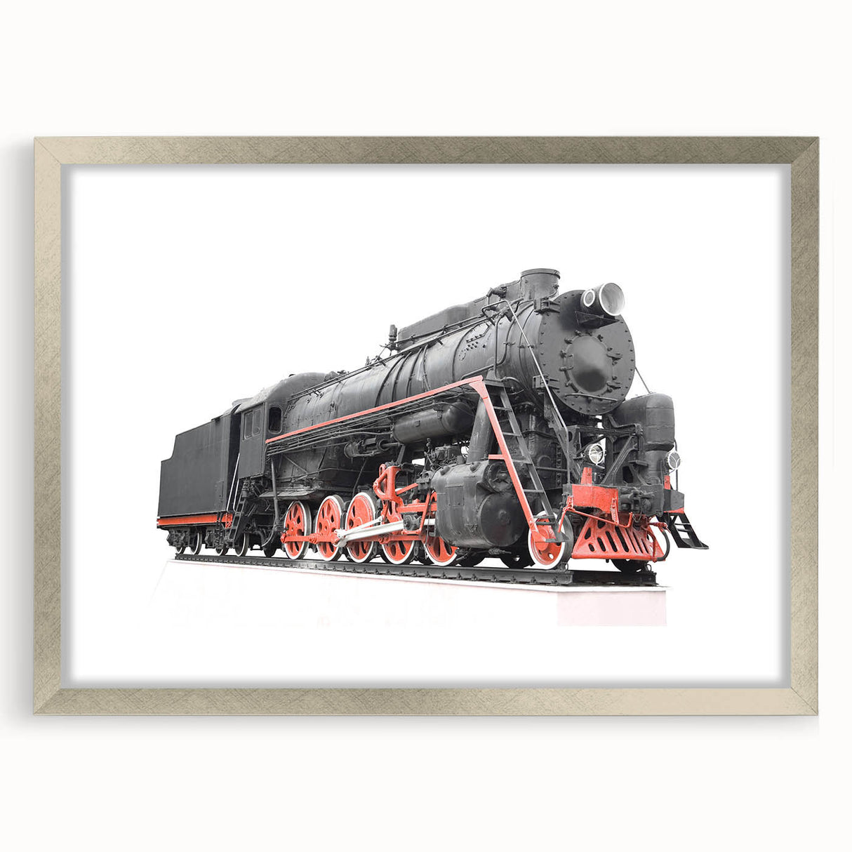 Abstract train-themed textured art print in muted gray and silver, framed with a mat, perfect for bedroom decor.