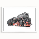 Abstract art print of a stylized train in muted gray and blue tones on a framed white mat, ideal for dining room decor.