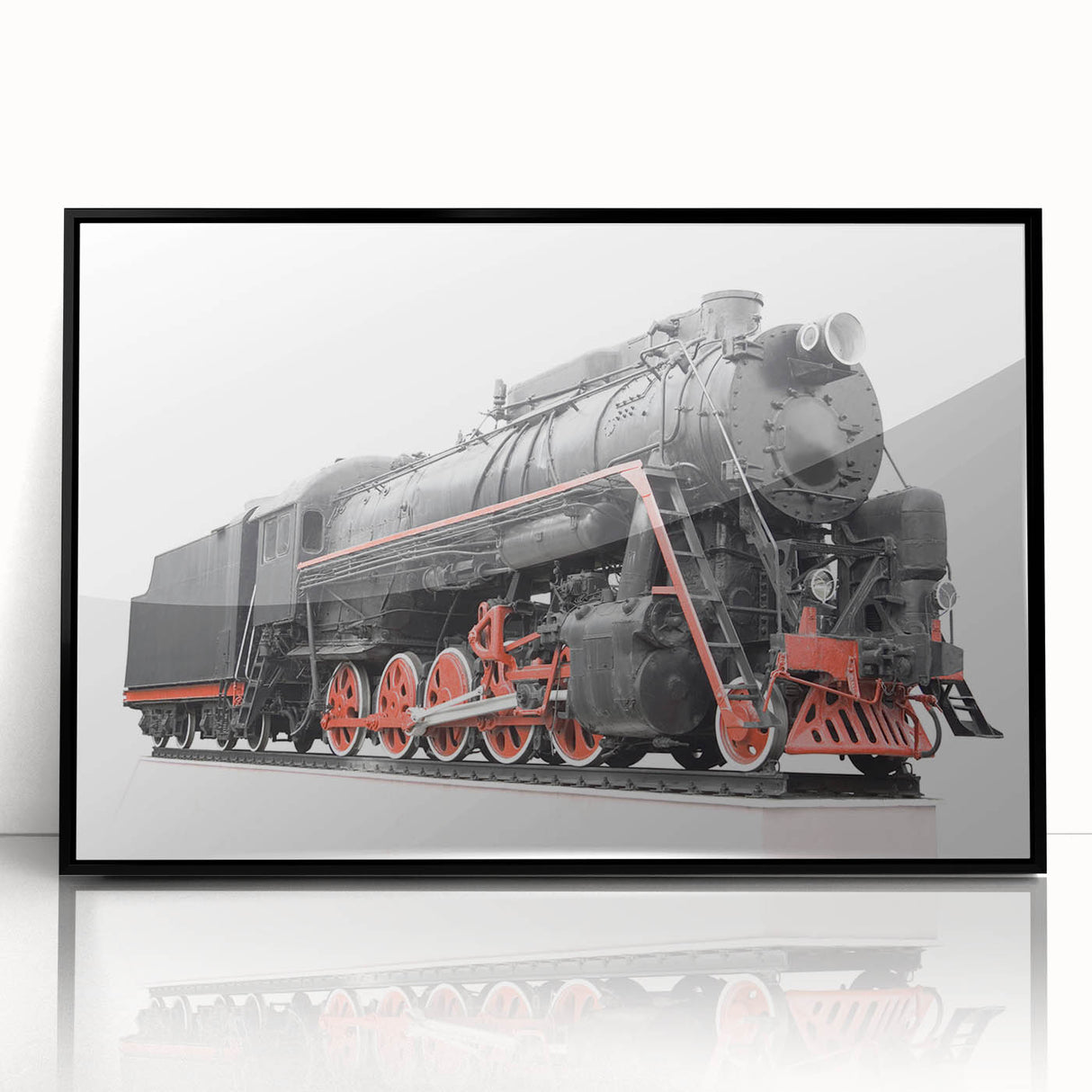 Large abstract wall art featuring a stylized train in black and gray tones on a framed acrylic, suitable for modern decor.