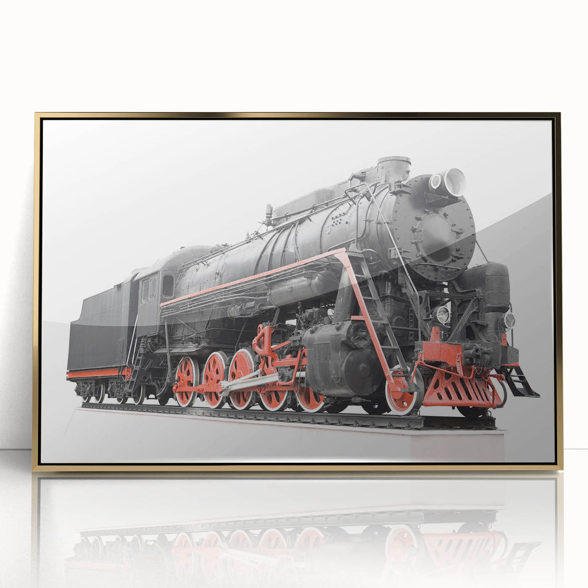 Mid-century modernist train illustration in bold colors on a framed acrylic, suitable for nursery wall art.