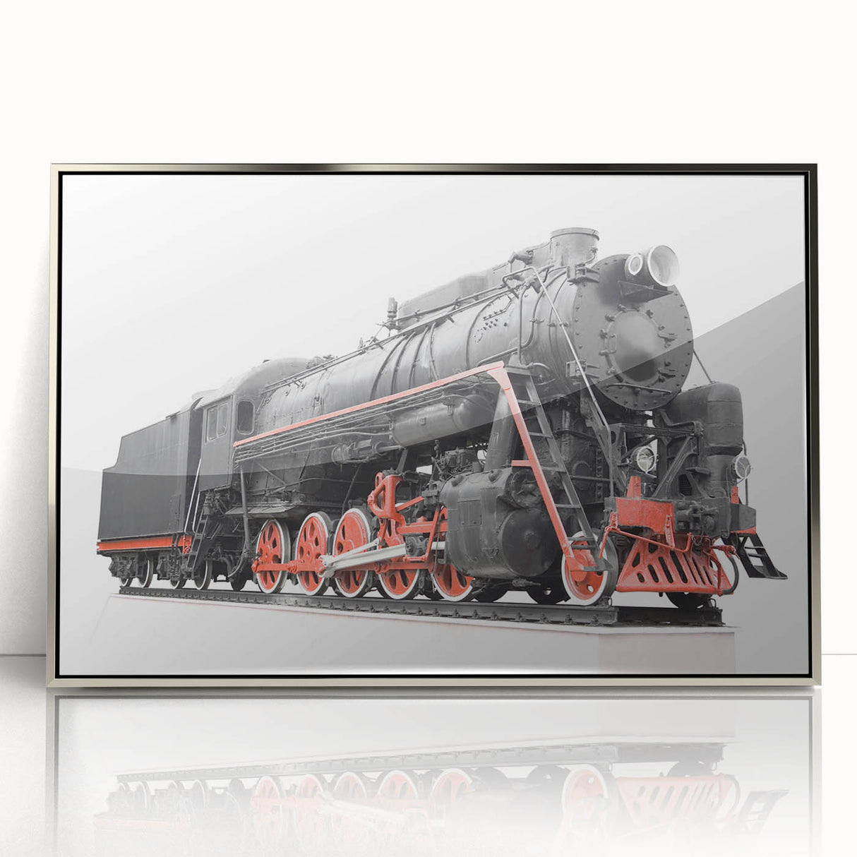 Mid-century modernist train illustration in silver frame, using bold primary colors, ideal for nursery wall art.