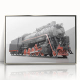 Mid-century modernist train illustration in silver frame, using bold primary colors, ideal for nursery wall art.