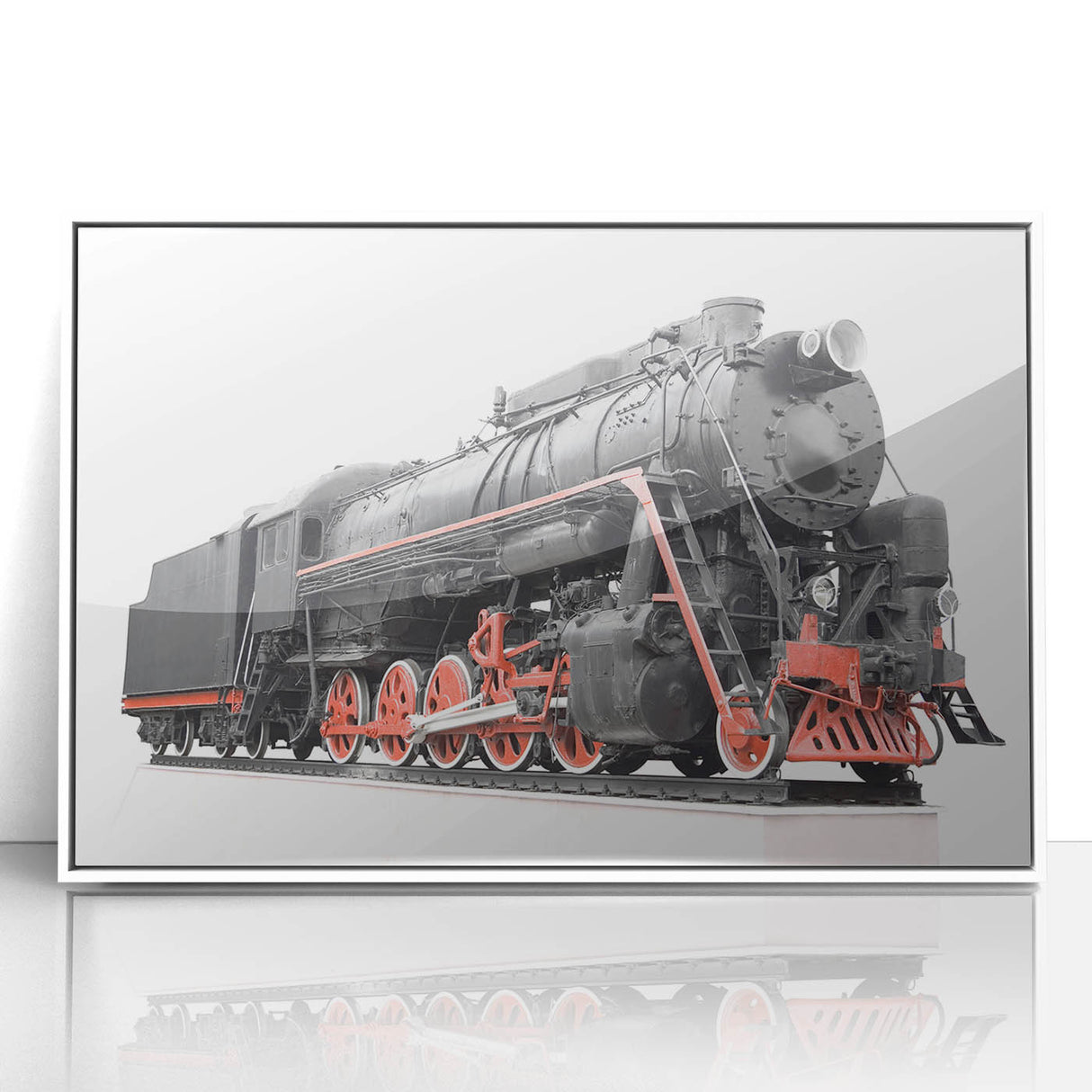 Art deco train poster in muted pastel tones, framed in white acrylic, ideal for nursery wall art.