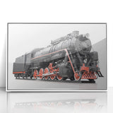Art deco train poster in muted pastel tones, framed in white acrylic, ideal for nursery wall art.