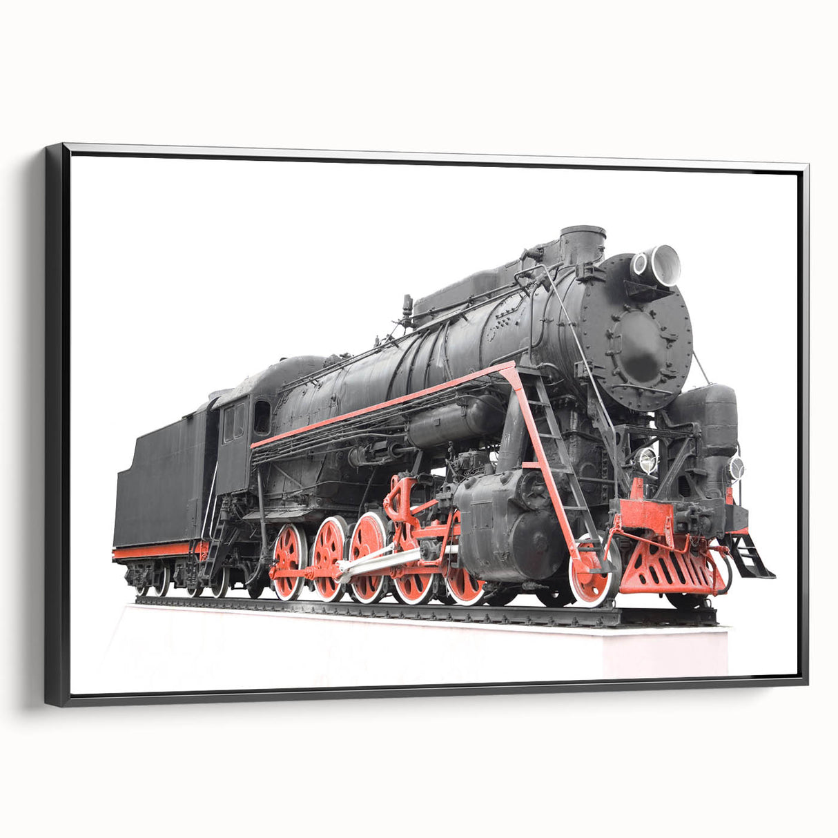 Black and white vintage train landscape on framed canvas, ideal for bedroom wall art.