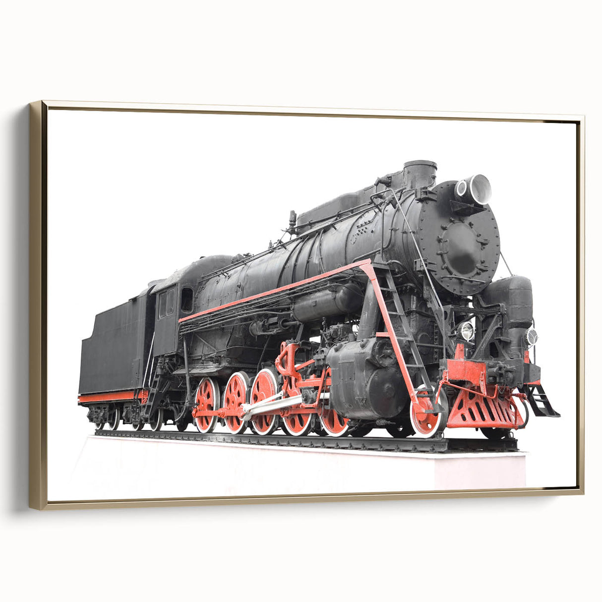 Framed canvas depicting a vintage train landscape in black and gold tones, ideal for bedroom wall art.
