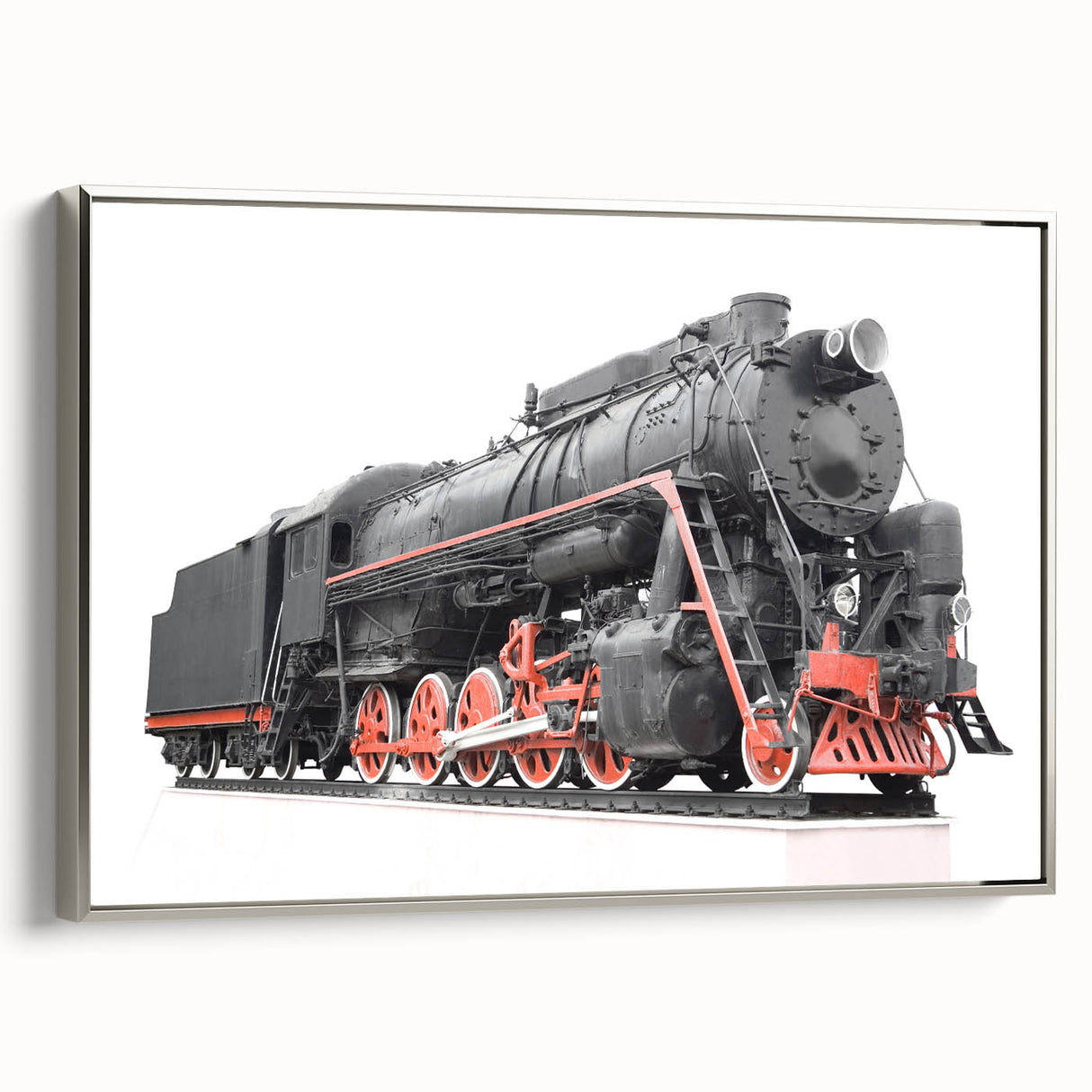Framed canvas featuring a vintage train in a colorful landscape, ideal for adding character to a study or office.