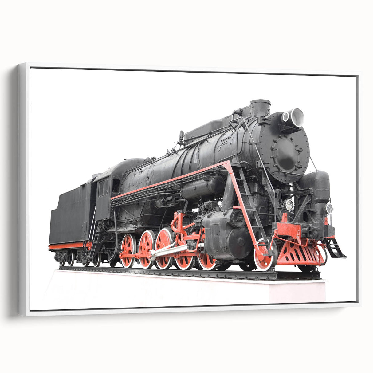 Vintage poster art of a colorful train on a black background, framed canvas, ideal for living room decor.