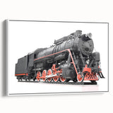 Vintage poster art of a colorful train on a black background, framed canvas, ideal for living room decor.