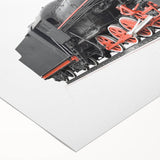 Art deco poster of a vintage train in monochrome shades on rolled canvas, suitable for dining room decor.