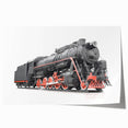 Vintage train illustration in muted earth tones on rolled canvas, suitable for dining room decor.
