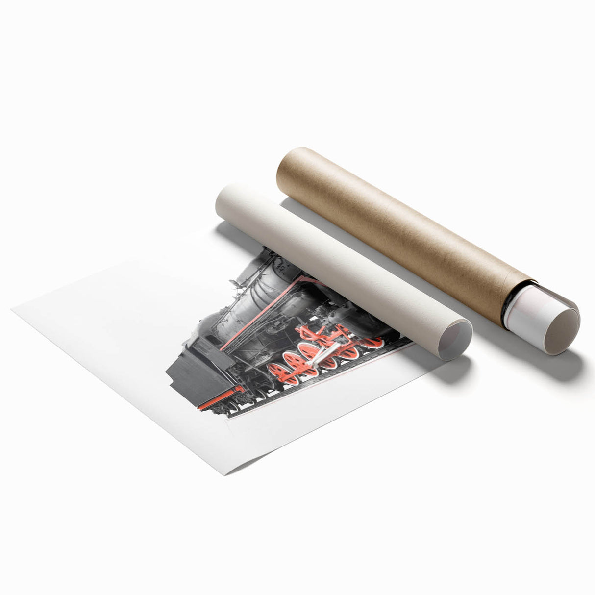 Extra large rolled print of a vintage train in muted earth tones, ideal for classy bathroom wall art.