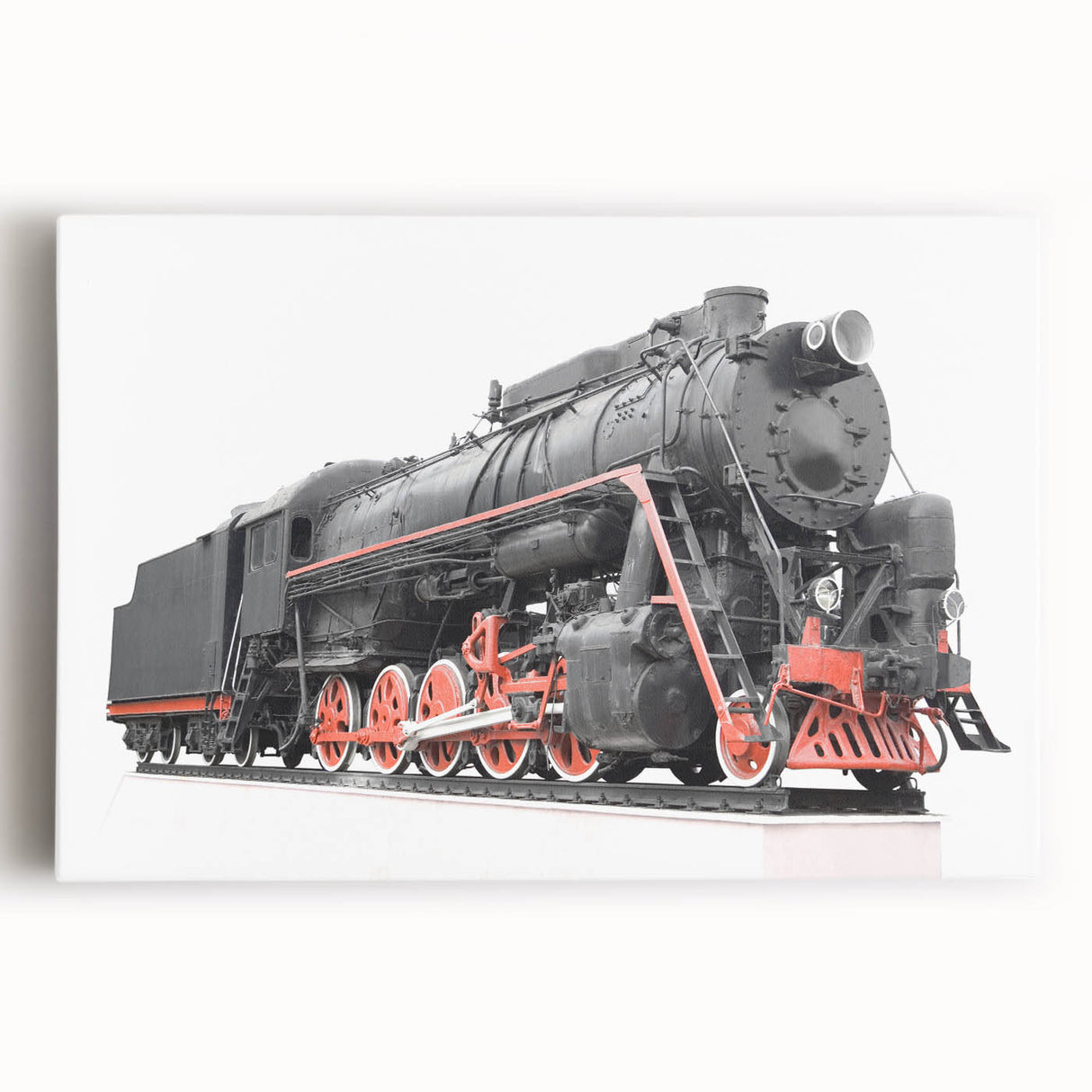 Black and white large art of a vintage train on stretched canvas, ideal for kitchen wall art.