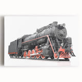 Black and white large art of a vintage train on stretched canvas, ideal for kitchen wall art.