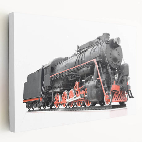 Side view of a large canvas depicting a vintage train in muted earth tones, ideal for kitchen wall art.