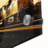 Acrylic print of a large abstract train in muted earth tones, ideal for dining room art in a mid-century modernist style.