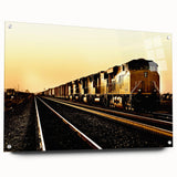 Acrylic print of a train in motion, rendered in broad brushstrokes of gray and black.