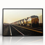 Framed acrylic print featuring a large abstract depiction of a train in black and white, ideal for modern art wall decor.