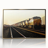 Mid-century modernist train illustration in vibrant colors on a gold-framed acrylic print, ideal for nursery wall art.