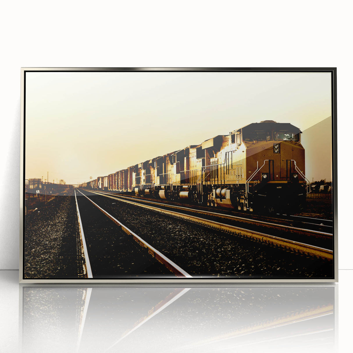 Mid-century modernist art deco train illustration in muted grays and blues on a framed acrylic, ideal for nursery wall art.