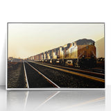 Art deco train poster in bold blue and silver hues, framed acrylic, ideal for nursery wall decor.