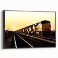 Black and white vintage poster art of a train landscape on framed canvas, suitable for bedroom wall decor.