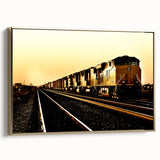 Framed canvas featuring a vintage train landscape in black and gold tones, ideal for bedroom wall art.