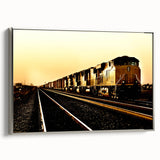 Framed canvas featuring a vintage train in black with colorful background, suited for office decor.