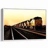 Framed canvas of a vintage poster art featuring a colorful train on a black background.