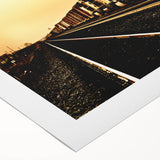 Art deco poster of a vintage train in muted earth tones on rolled canvas, suitable for dining room decor.