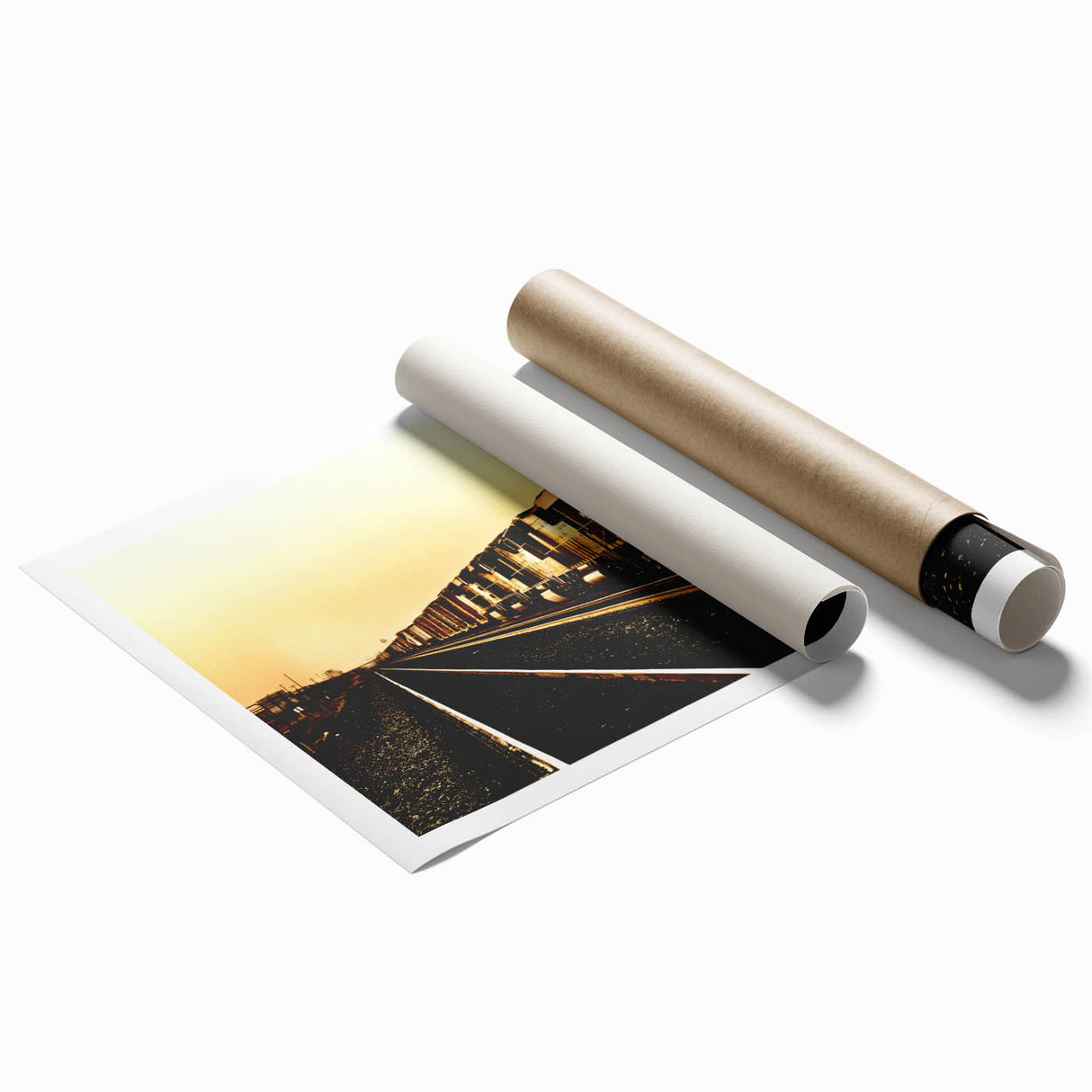 Extra large rolled print featuring a detailed illustration of a vintage train, set in muted earth tones.