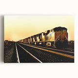 Black and white photograph of a vintage train on stretched canvas, ideal for kitchen wall art.