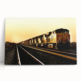 Black and white photograph of a train on stretched canvas, ideal for kitchen wall art or bedroom decor.