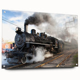 Side view of a large abstract train print on acrylic glass, featuring cool gray and blue tones.