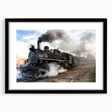 Abstract art print of a colorful train, using textured vibrant hues on a large framed canvas, ideal for living room decor.