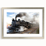 Textured abstract art print of a stylized train in muted grays and blues, framed in silver, ideal for bedroom art.