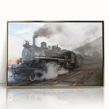 Mid-century modernist train illustration in muted earth tones on a gold-framed acrylic, suitable for nursery wall art.