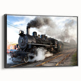 Black and white vintage train landscape on framed canvas, ideal for bedroom wall art.