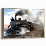 Framed canvas featuring a vintage poster art of a black locomotive in a landscape setting, ideal for bedroom wall decor.