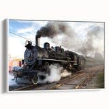 Vintage poster art of a colorful train on a black background, printed on a large framed canvas, ideal for living room decor.