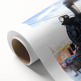 Art deco train illustration in muted blues and greens on a rolled canvas, ideal for nursery wall art.