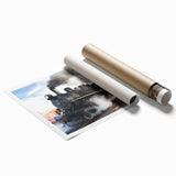 Extra large rolled print of a vintage train in muted earth tones, ideal for classy bathroom or large living room decor.
