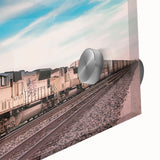 Mid-century modernist train art in muted earth tones on acrylic glass, suitable for dining room decor.