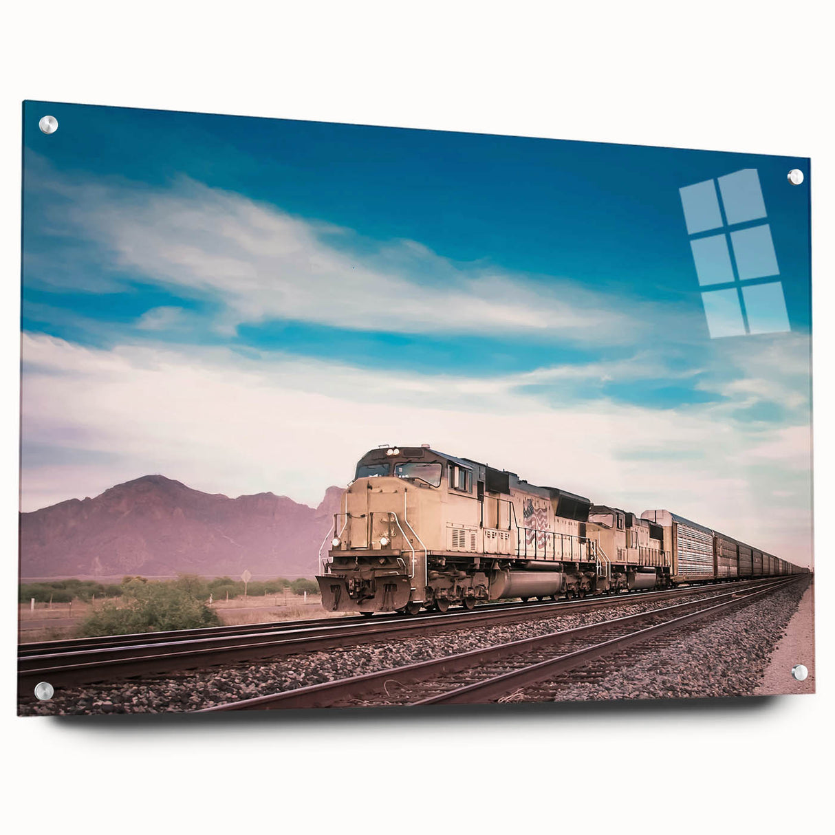 Acrylic print of a large abstract depiction of a train, using bold blue and gray tones.