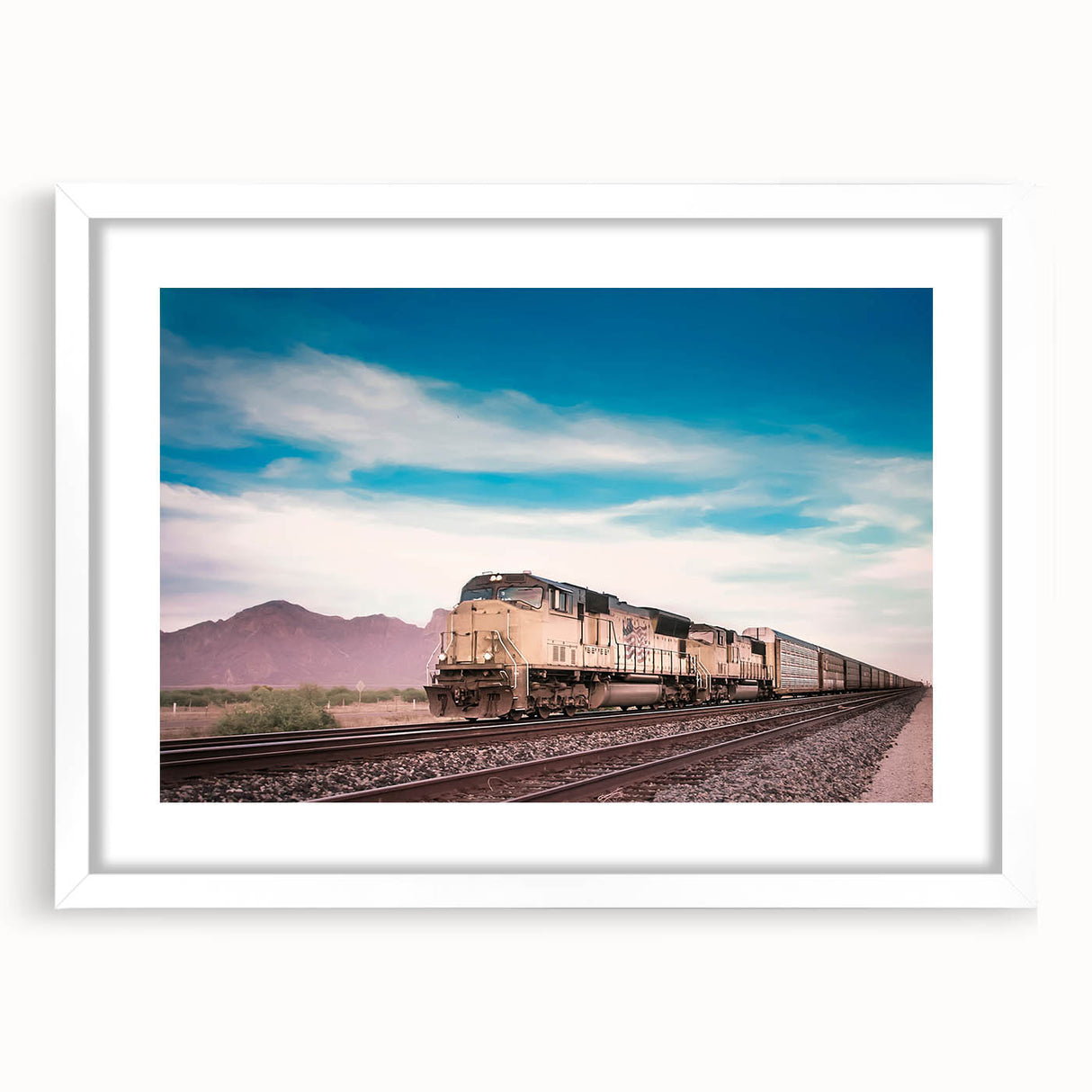Abstract train design in muted gray and blue tones on a white framed poster, suitable for modern dining room decor.