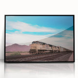 Large abstract wall art of a stylized train in black and white, framed acrylic, ideal for modern office decor.